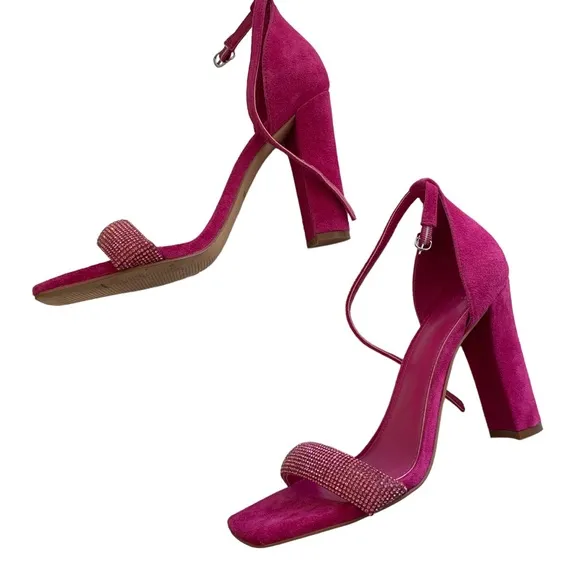MARC FISHER LTD SANDALS PINK LEATHER SUEDE RHINESTONE OPEN TOE ANKLE STRAP HEELS