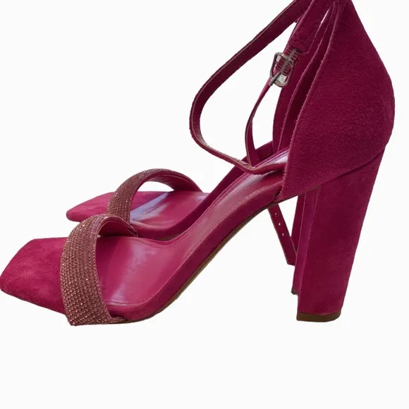 MARC FISHER LTD SANDALS PINK LEATHER SUEDE RHINESTONE OPEN TOE ANKLE STRAP HEELS