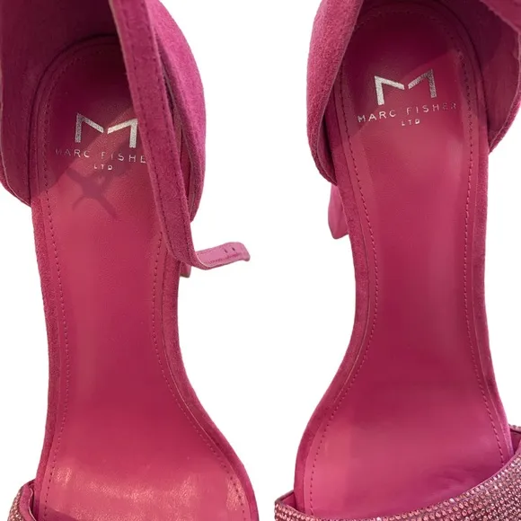 MARC FISHER LTD SANDALS PINK LEATHER SUEDE RHINESTONE OPEN TOE ANKLE STRAP HEELS
