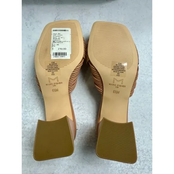 Marc Fisher Nude Chunky Heel Mule Sandals Womens Size 6.5 Leather Square Toe