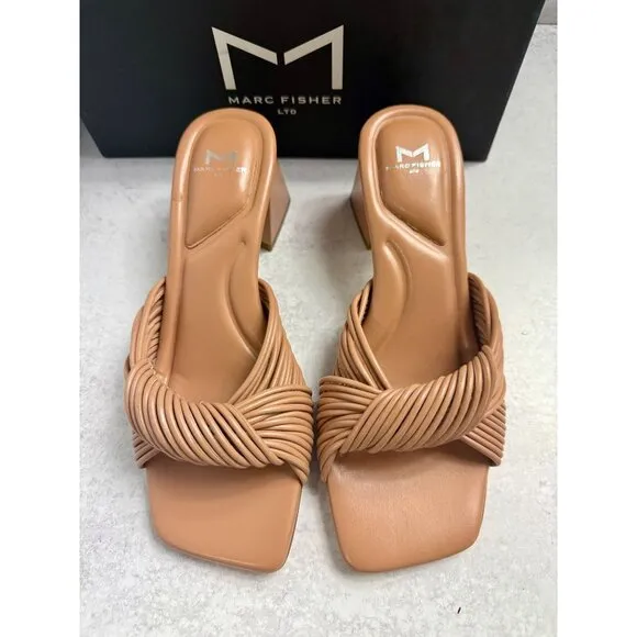 Marc Fisher Nude Chunky Heel Mule Sandals Womens Size 6.5 Leather Square Toe