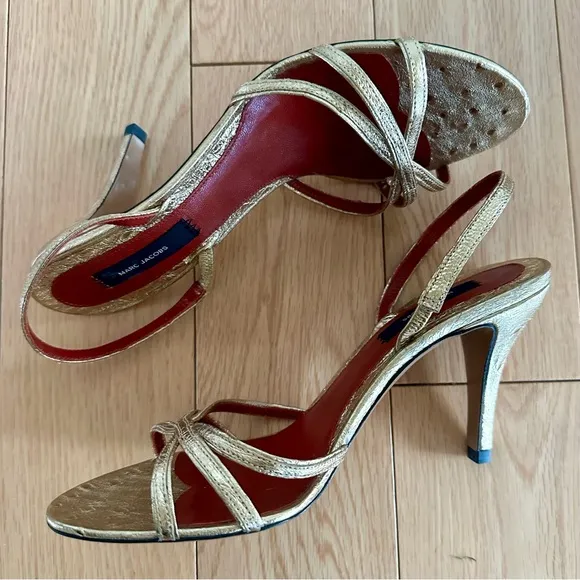 Marc Jacobs Gold Ostrich Leather Heeled Sandals Unworn Size 36