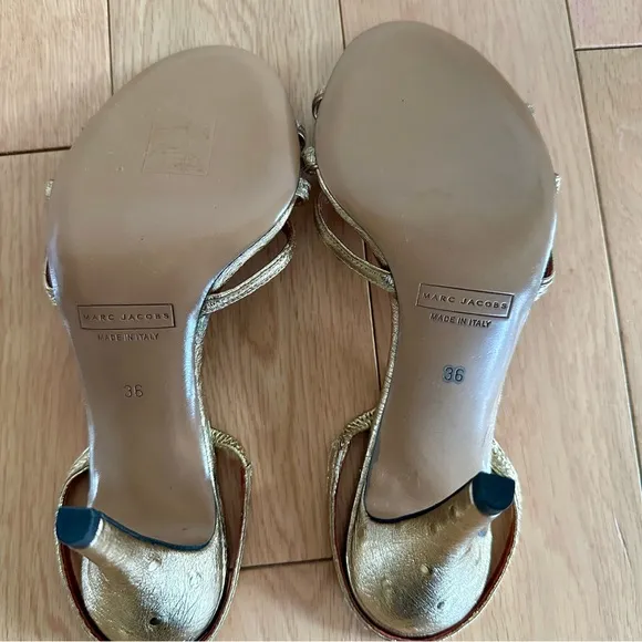 Marc Jacobs Gold Ostrich Leather Heeled Sandals Unworn Size 36