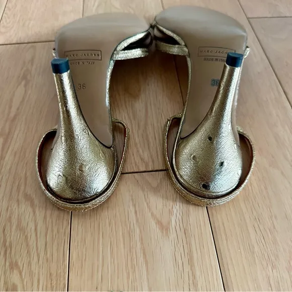 Marc Jacobs Gold Ostrich Leather Heeled Sandals Unworn Size 36