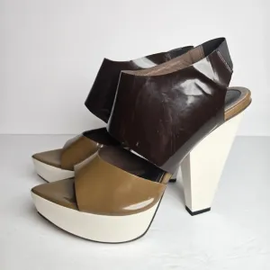 Marni Caramel and‎ Brown Patent Leather Block Heel Sandals