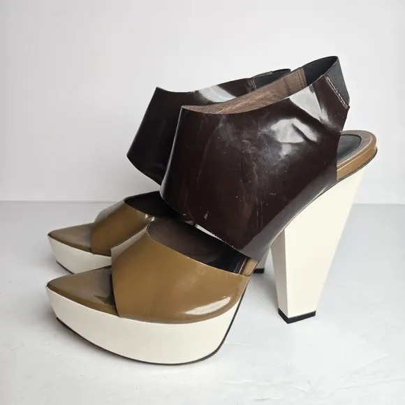 Marni Caramel and‎ Brown Patent Leather Block Heel Sandals