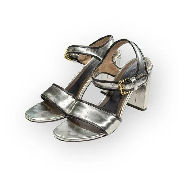 Marni 𒀭 Mirror Slingback Chunky Heel Sandals 𒀭 Silver Metallic Leather 𒀭39