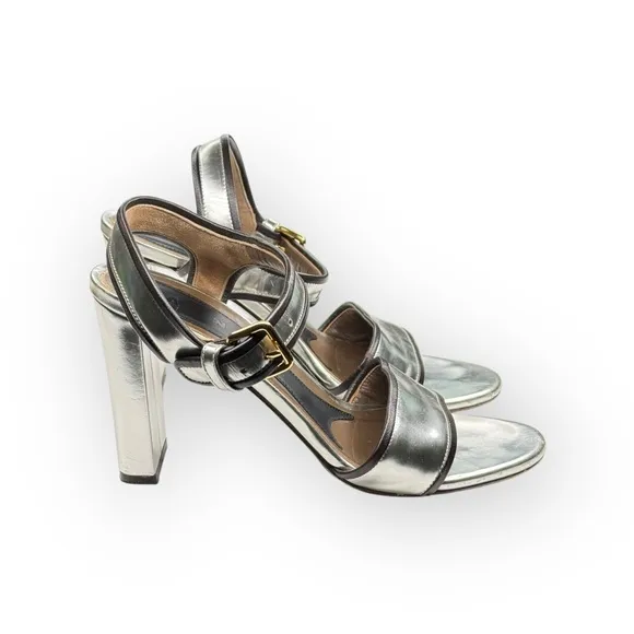 Marni 𒀭 Mirror Slingback Chunky Heel Sandals 𒀭 Silver Metallic Leather 𒀭39