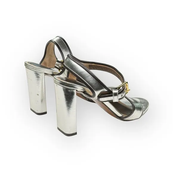 Marni 𒀭 Mirror Slingback Chunky Heel Sandals 𒀭 Silver Metallic Leather 𒀭39