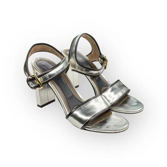 Marni 𒀭 Mirror Slingback Chunky Heel Sandals 𒀭 Silver Metallic Leather 𒀭39
