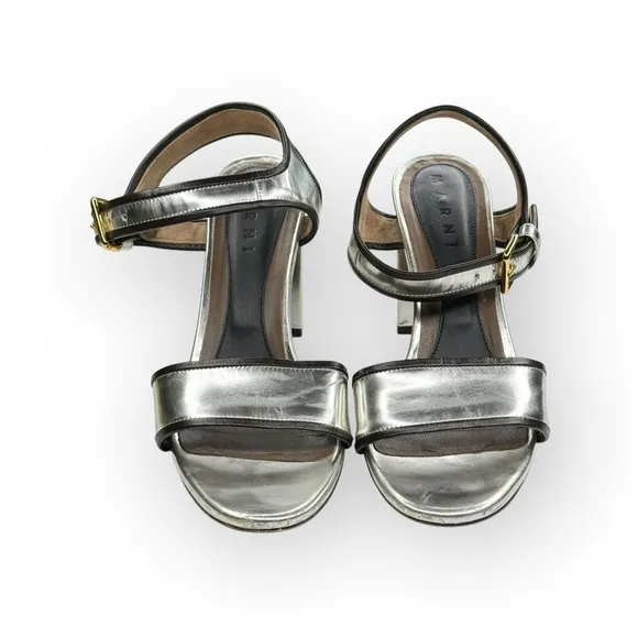 Marni 𒀭 Mirror Slingback Chunky Heel Sandals 𒀭 Silver Metallic Leather 𒀭39