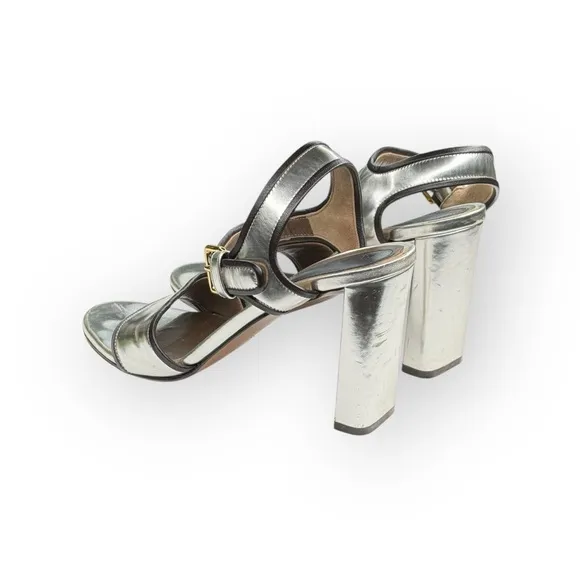 Marni 𒀭 Mirror Slingback Chunky Heel Sandals 𒀭 Silver Metallic Leather 𒀭39