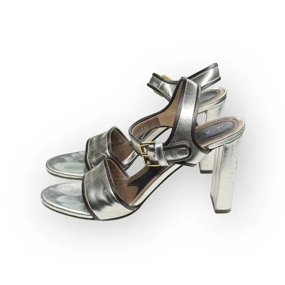 Marni 𒀭 Mirror Slingback Chunky Heel Sandals 𒀭 Silver Metallic Leather 𒀭39