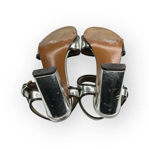 Marni 𒀭 Mirror Slingback Chunky Heel Sandals 𒀭 Silver Metallic Leather 𒀭39