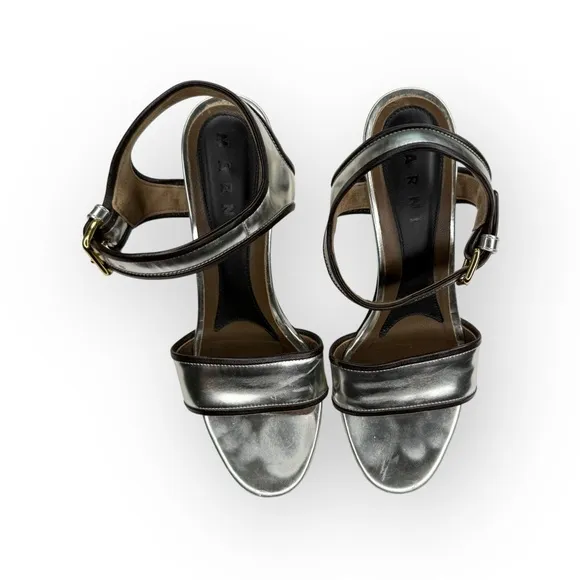 Marni 𒀭 Mirror Slingback Chunky Heel Sandals 𒀭 Silver Metallic Leather 𒀭39
