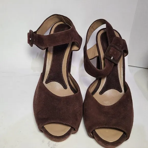 MARNI sandals brown suede leather ankle strap chunky heels peep toe 6.5 7 37.5
