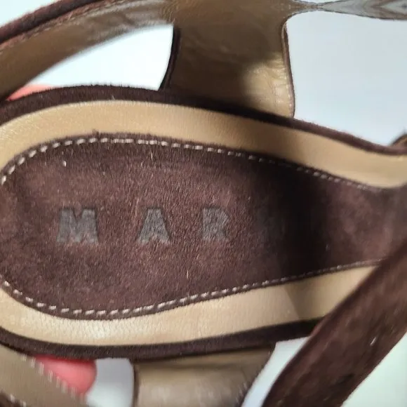 MARNI sandals brown suede leather ankle strap chunky heels peep toe 6.5 7 37.5