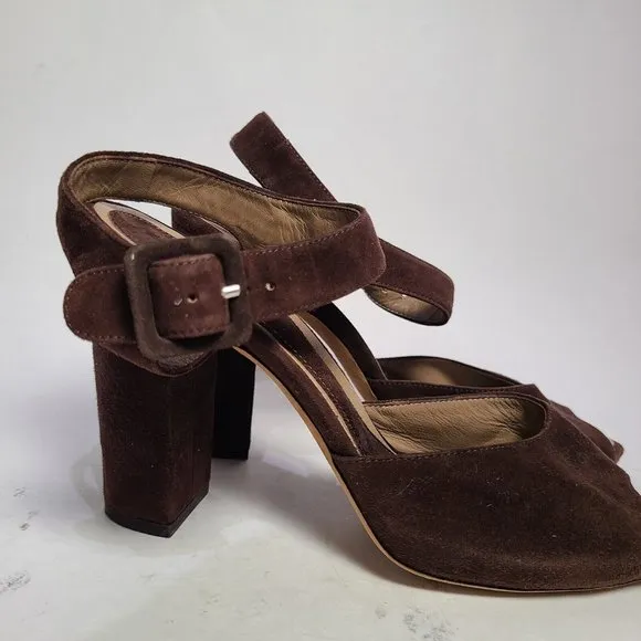 MARNI sandals brown suede leather ankle strap chunky heels peep toe 6.5 7 37.5