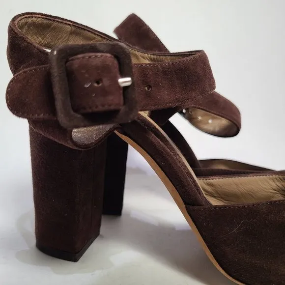 MARNI sandals brown suede leather ankle strap chunky heels peep toe 6.5 7 37.5