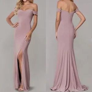 Mauve sweetheart off shoulder side slit stretchy thick fully lined premium gown