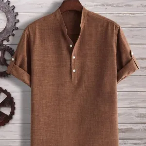 Men Half Button Roll Up Sleeve Shirt