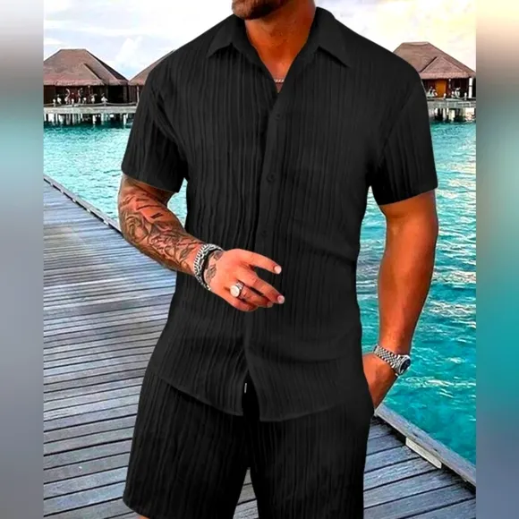 Men's Black Short Sleeve Shirt and Shorts Set