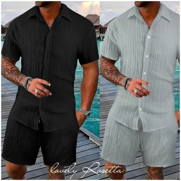 Men's Black Short Sleeve Shirt and Shorts Set
