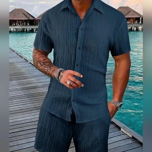 Men's Black Short Sleeve Shirt and Shorts Set