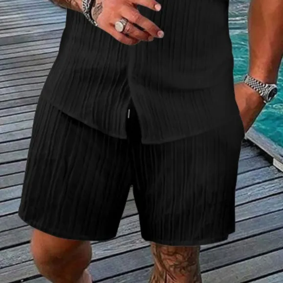 Men's Black Short Sleeve Shirt and Shorts Set