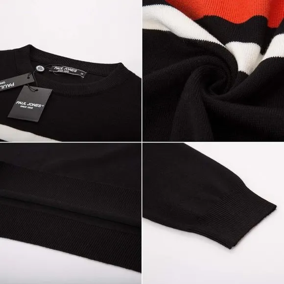 Mens Black Striped Pullover Crewneck Contrast Fine Knitted