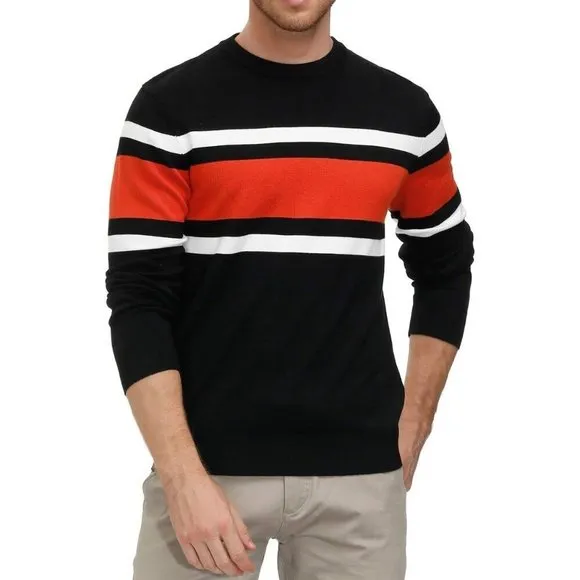 Mens Black Striped Pullover Crewneck Contrast Fine Knitted