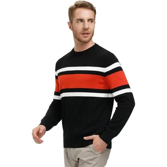 Mens Black Striped Pullover Crewneck Contrast Fine Knitted