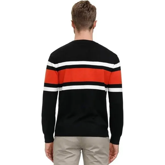 Mens Black Striped Pullover Crewneck Contrast Fine Knitted