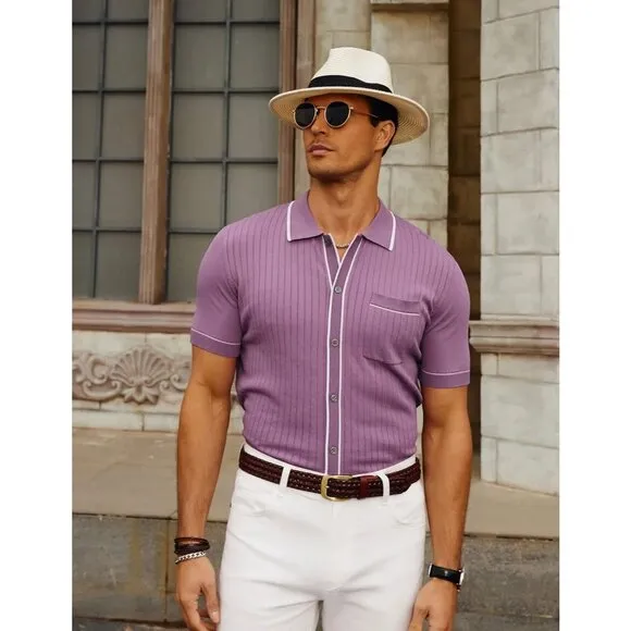 Mens Retro Short Sleeve Button Down Polo Shirts