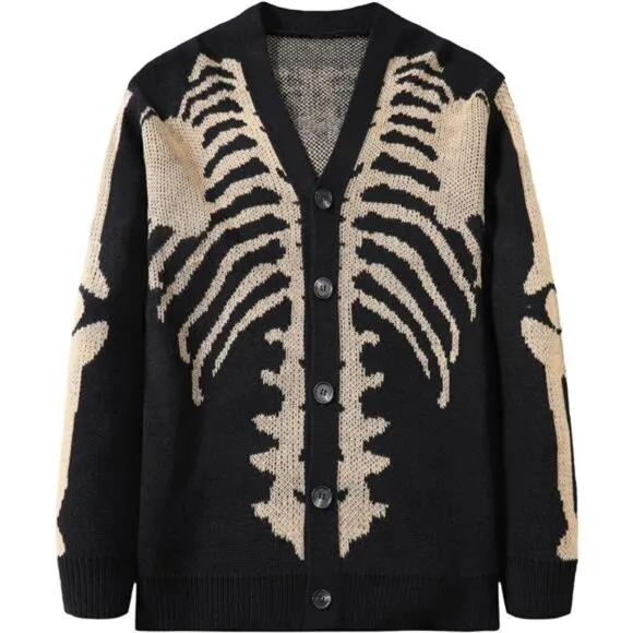 Men's Skeleton Print Long Sleeve Cardigan Sweaters V Neck Button Down Coat