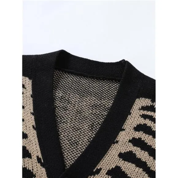 Men's Skeleton Print Long Sleeve Cardigan Sweaters V Neck Button Down Coat