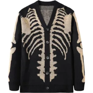 Men's Skeleton Print Long Sleeve Cardigan Sweaters V Neck Button Down Coat