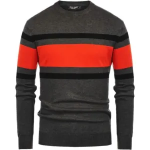 Men's Striped Pullover Sweater Crewneck Contrast Fine Knitted Sweater