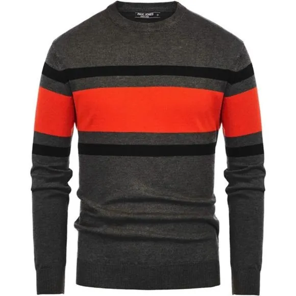 Men's Striped Pullover Sweater Crewneck Contrast Fine Knitted Sweater