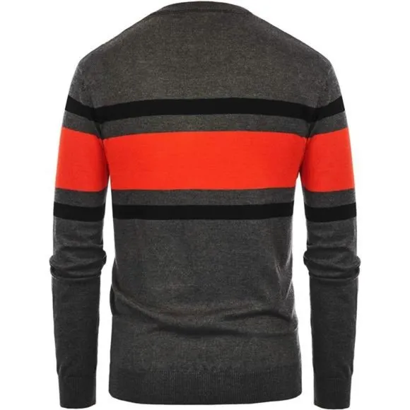 Men's Striped Pullover Sweater Crewneck Contrast Fine Knitted Sweater