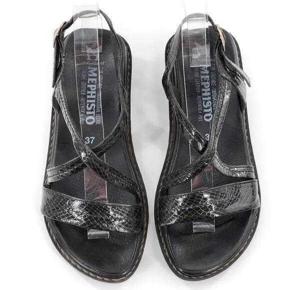 MEPHISTO Black Leather Snakeskin Embossed Slingback Sandals