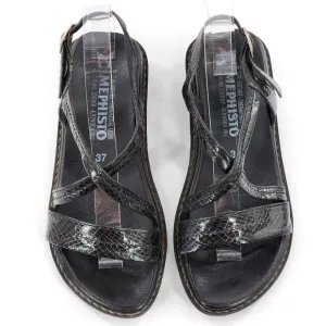 MEPHISTO Black Leather Snakeskin Embossed Slingback Sandals