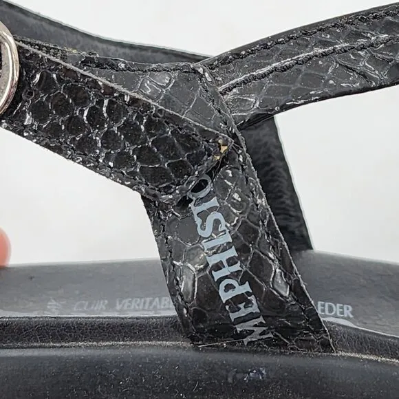 MEPHISTO Black Leather Snakeskin Embossed Slingback Sandals