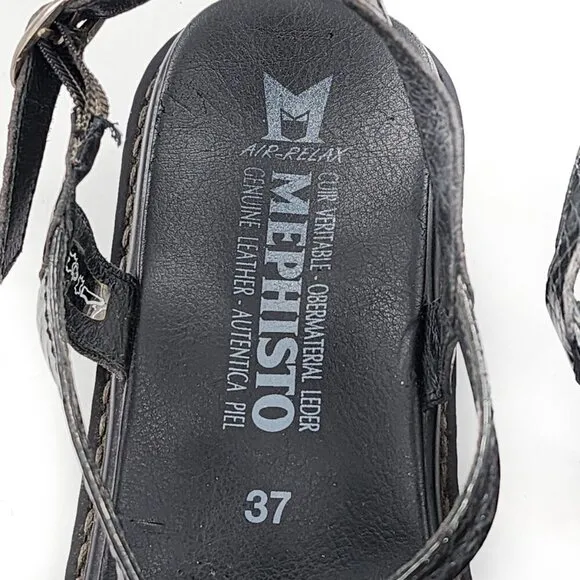 MEPHISTO Black Leather Snakeskin Embossed Slingback Sandals