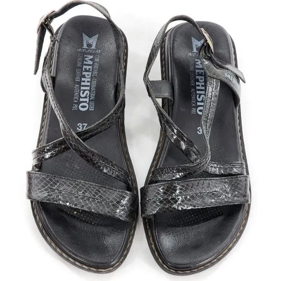 MEPHISTO Black Leather Snakeskin Embossed Slingback Sandals