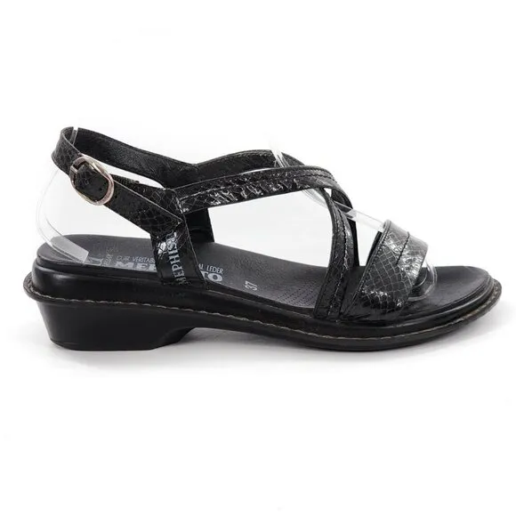 MEPHISTO Black Leather Snakeskin Embossed Slingback Sandals