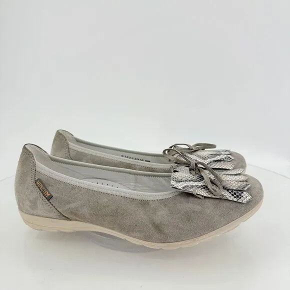 Mephisto Ballet Flats Grey Leather Kiltie Hidden Wedge Slip On Size 7 Bow Snake