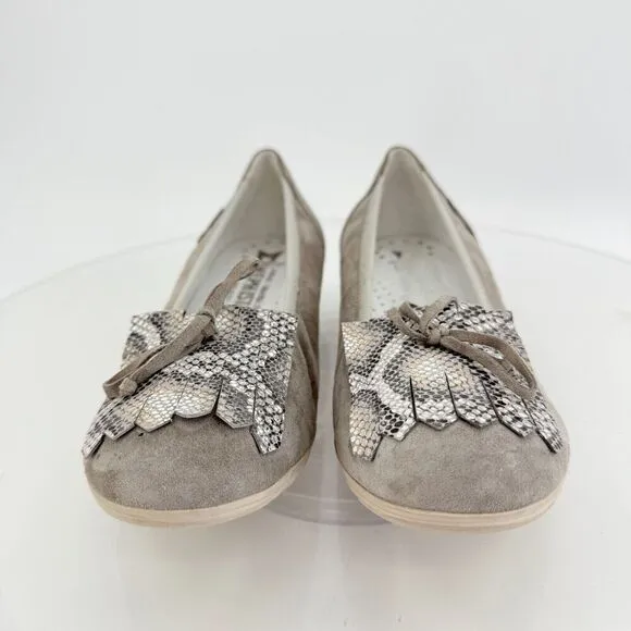 Mephisto Ballet Flats Grey Leather Kiltie Hidden Wedge Slip On Size 7 Bow Snake