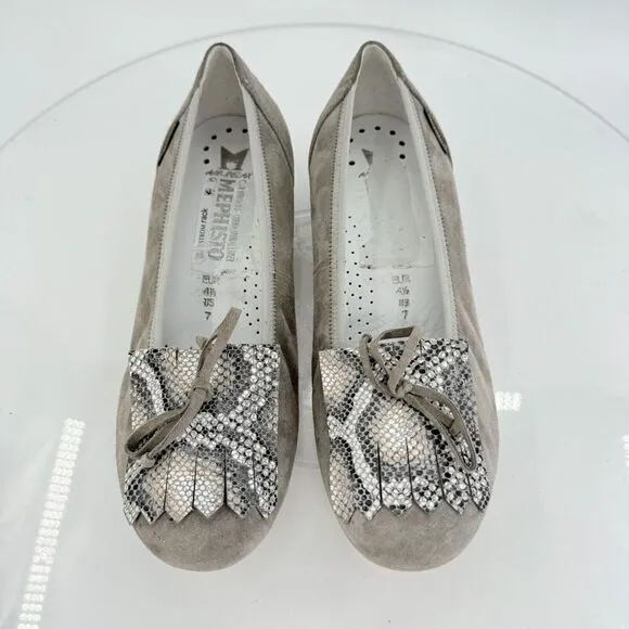 Mephisto Ballet Flats Grey Leather Kiltie Hidden Wedge Slip On Size 7 Bow Snake