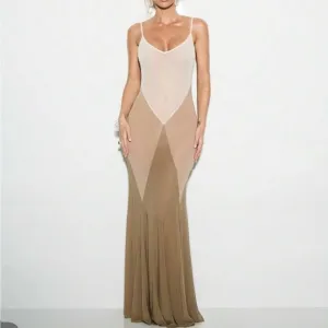 Mesh v neck brown tan white geometric semi sheer spaghetti strap maxi dress